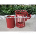 Red metal trash receptacle can waste basket